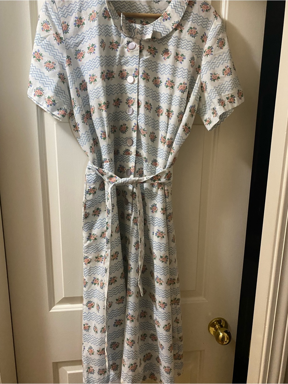 Vintage Floral Button Front Dress in Light Blue and Cream